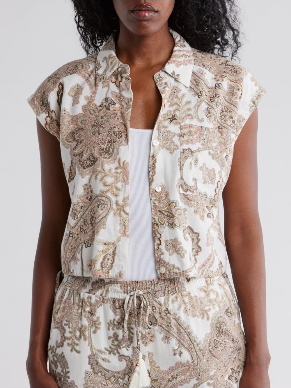 *NWOT* ELLEN TRACY Paisley Cap Sleeve Linen Blend Button Front Camp White Multi